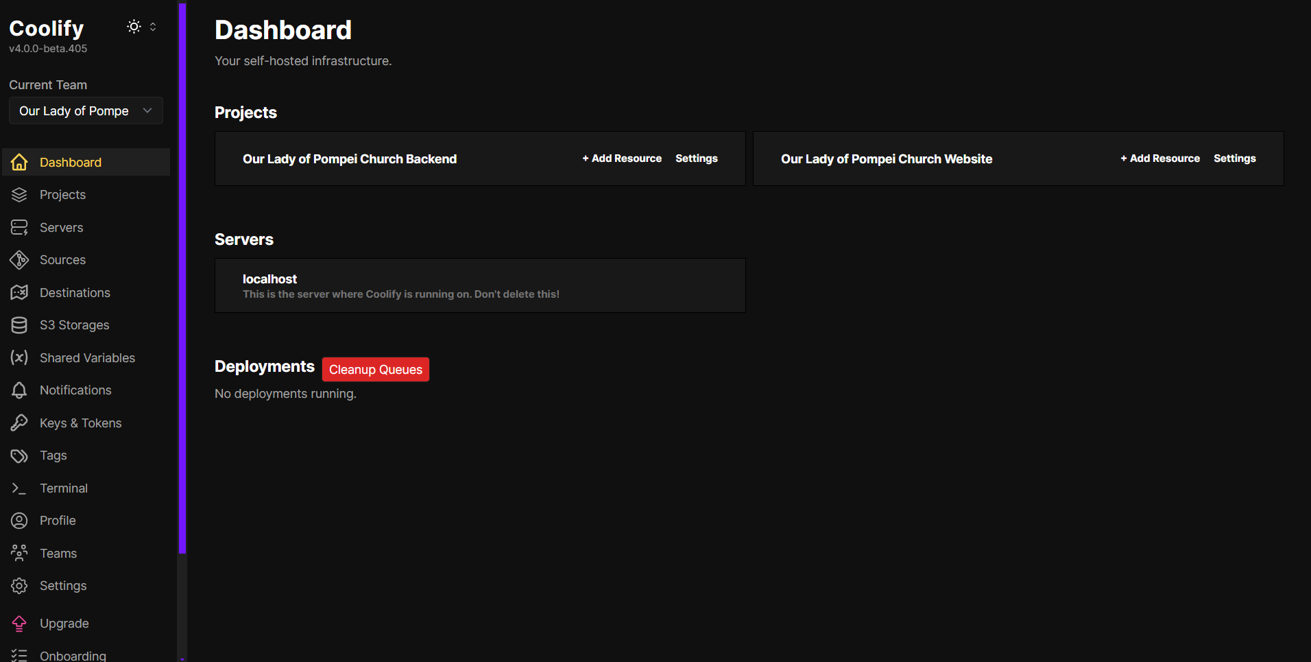 Coolify Dashboard after Setup