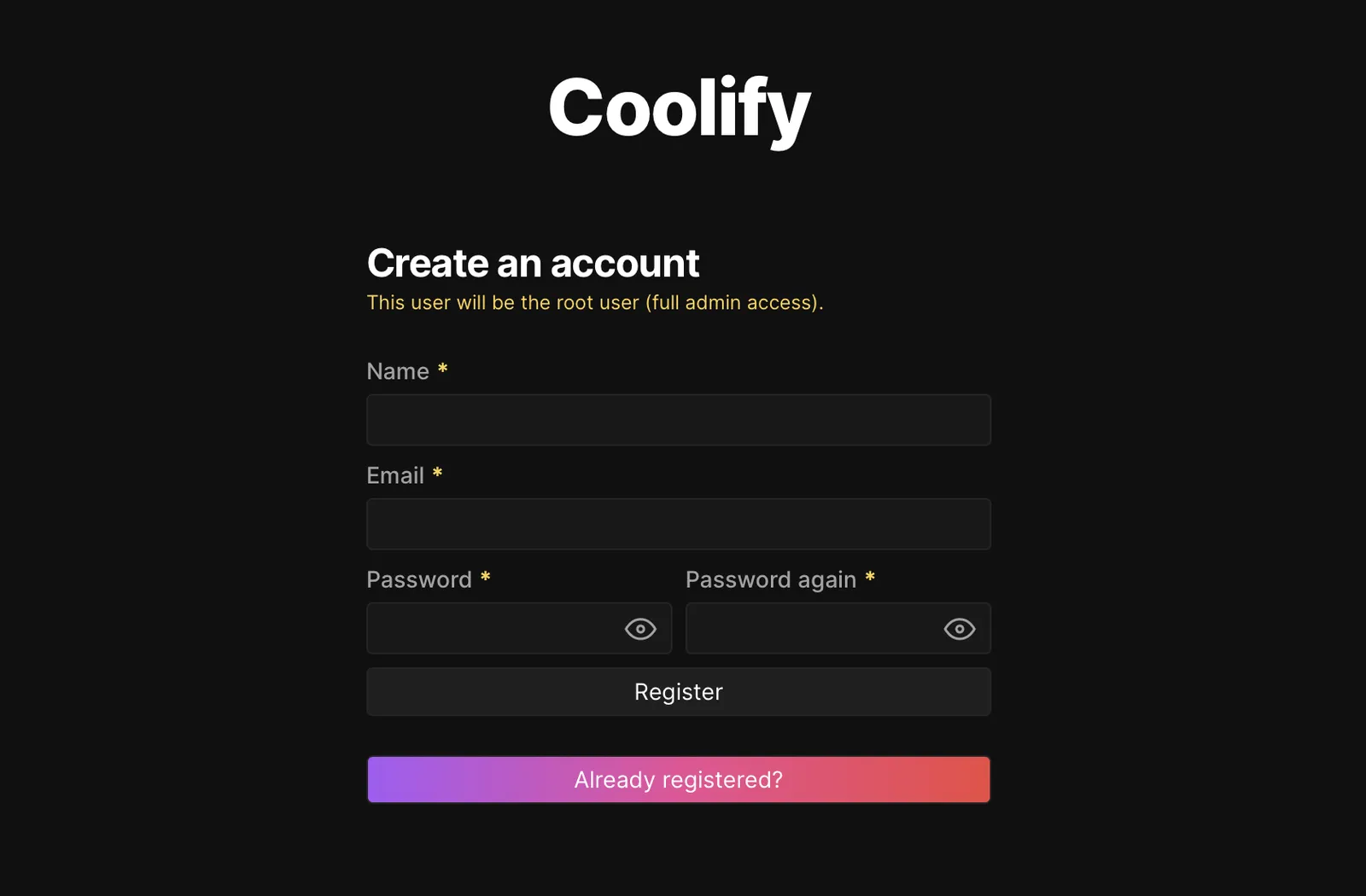 Coolify Register Page